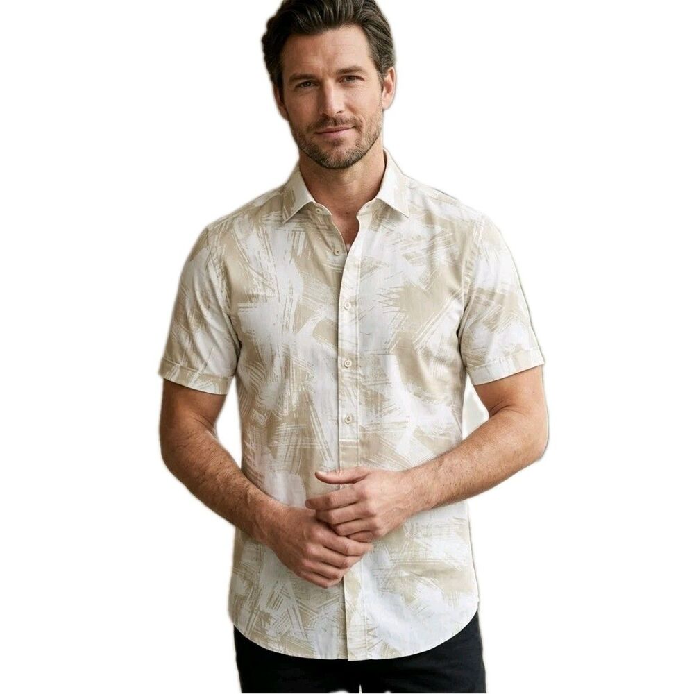 Bugatchi Sand camp shirt SSm en's Lyocell tan brush strokes Sz S $225 New